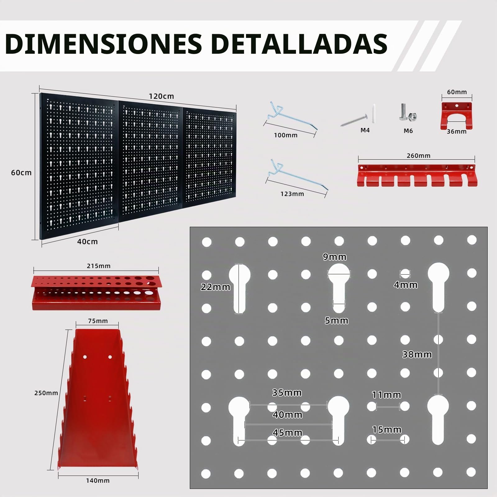 CCLIFE Estantería de bricolaje para pared para herramientas 3 piezas con 25 Soportes Panel perforado para Taller 120 x 60 x 2 cm