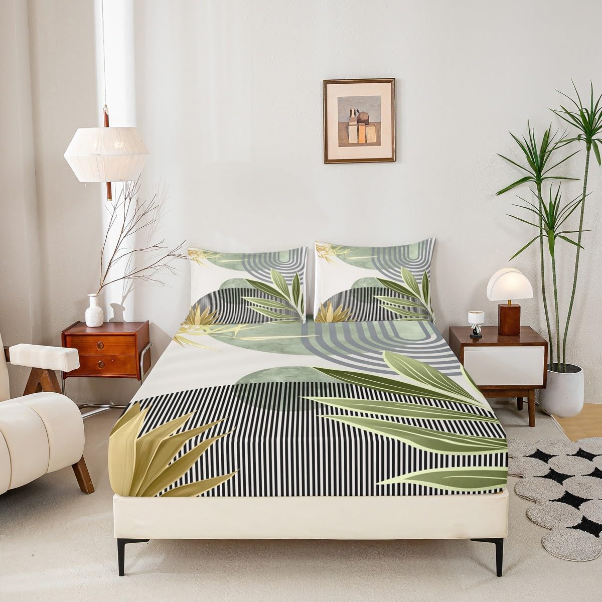 Erosebridal Mid Century Bed SheetsFull Size Abstract Bohemian Aesthetic Fitted Sheet,Minimalist Modern Boho Bedding Set Vintage Geometric Circle Line Sheets,Purple Gold