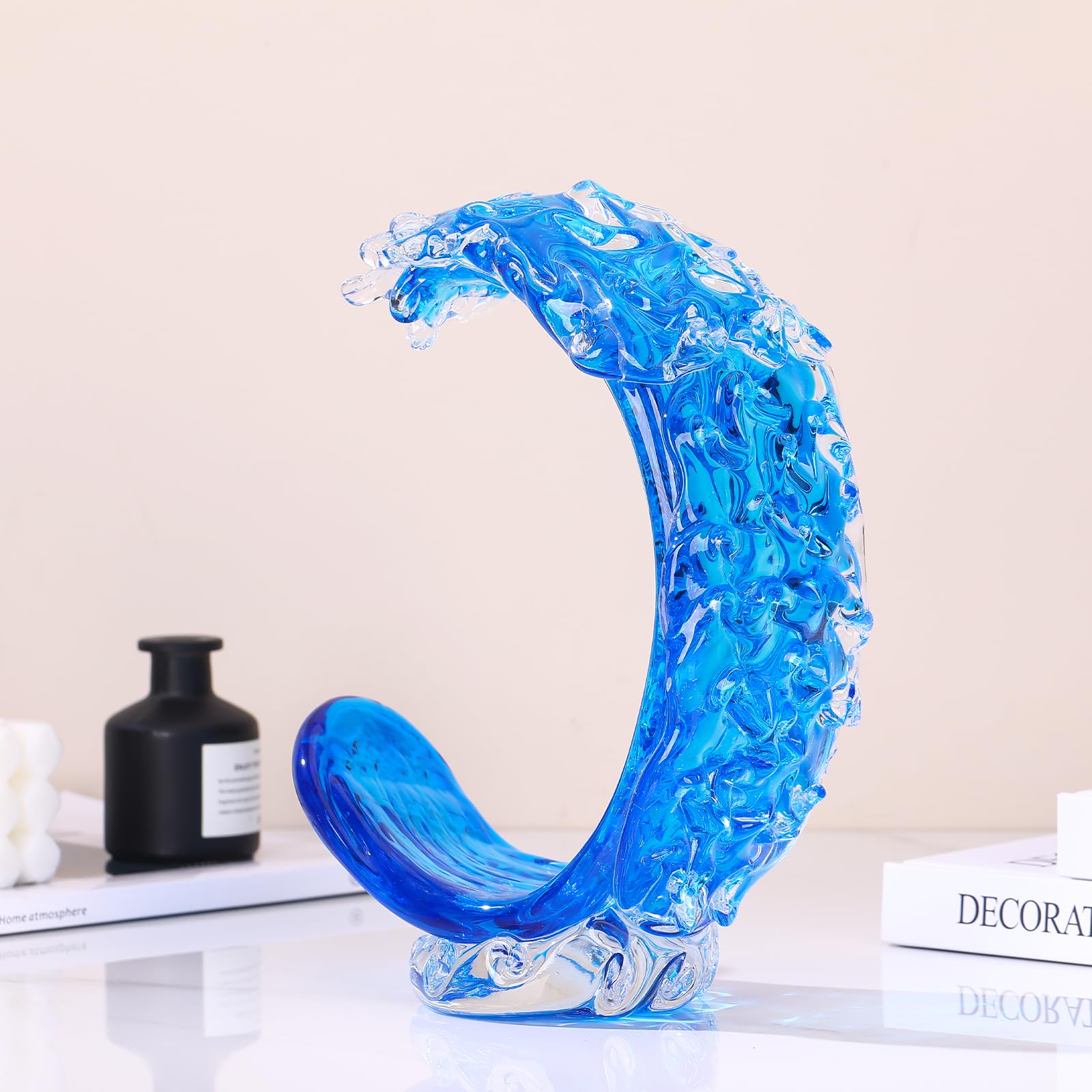 LCCCK Décoration de maison de plage en verre bleu soufflé à la main, grande sculpture en verre bleu pour décoration d'intérieur, figurines d'art fusionnées pour l'art de la mer, la plage, le littoral