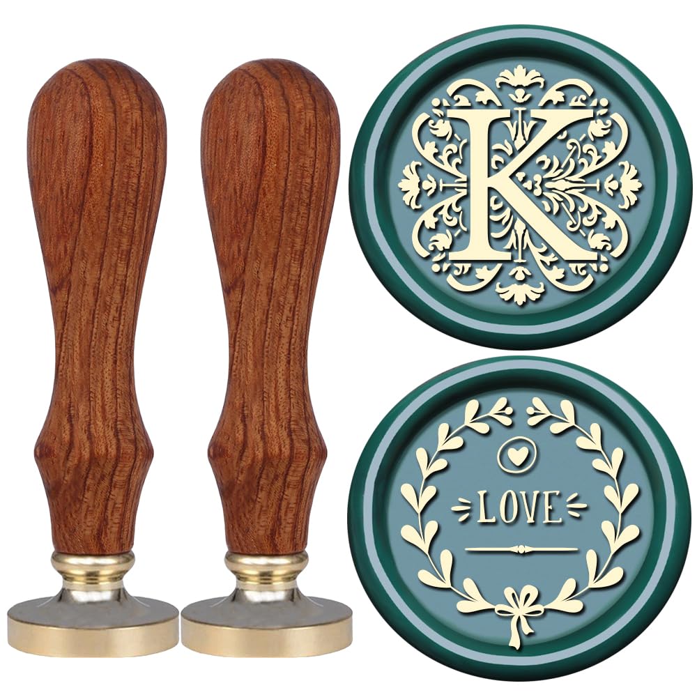 VSECUON Flower Initial Alphabet K Wax Seal Stamp & Eucalyptus Love Sealing Stamp with Wax Stamp Brass Head Ideal for Wedding Invitations Gift Wrapping Christmas (Floral K)