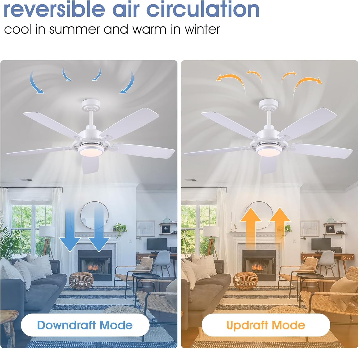 54"White Ceiling Fans with Lights and Remote, Modern Bedroom Ceiling Fans with 3 Colors 6 Speeds, Reversible DC Motor