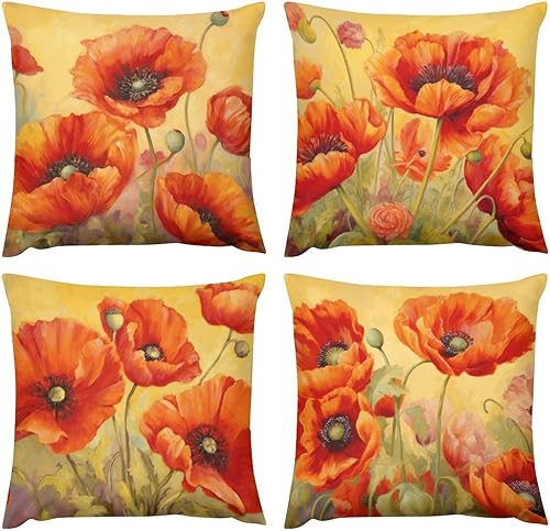 Joyidec Juego de 4 fundas de almohada decorativas de otoño y otoño vintage con flores rojas de 24 x 24 pulgadas, fundas de almohada cuadradas suaves