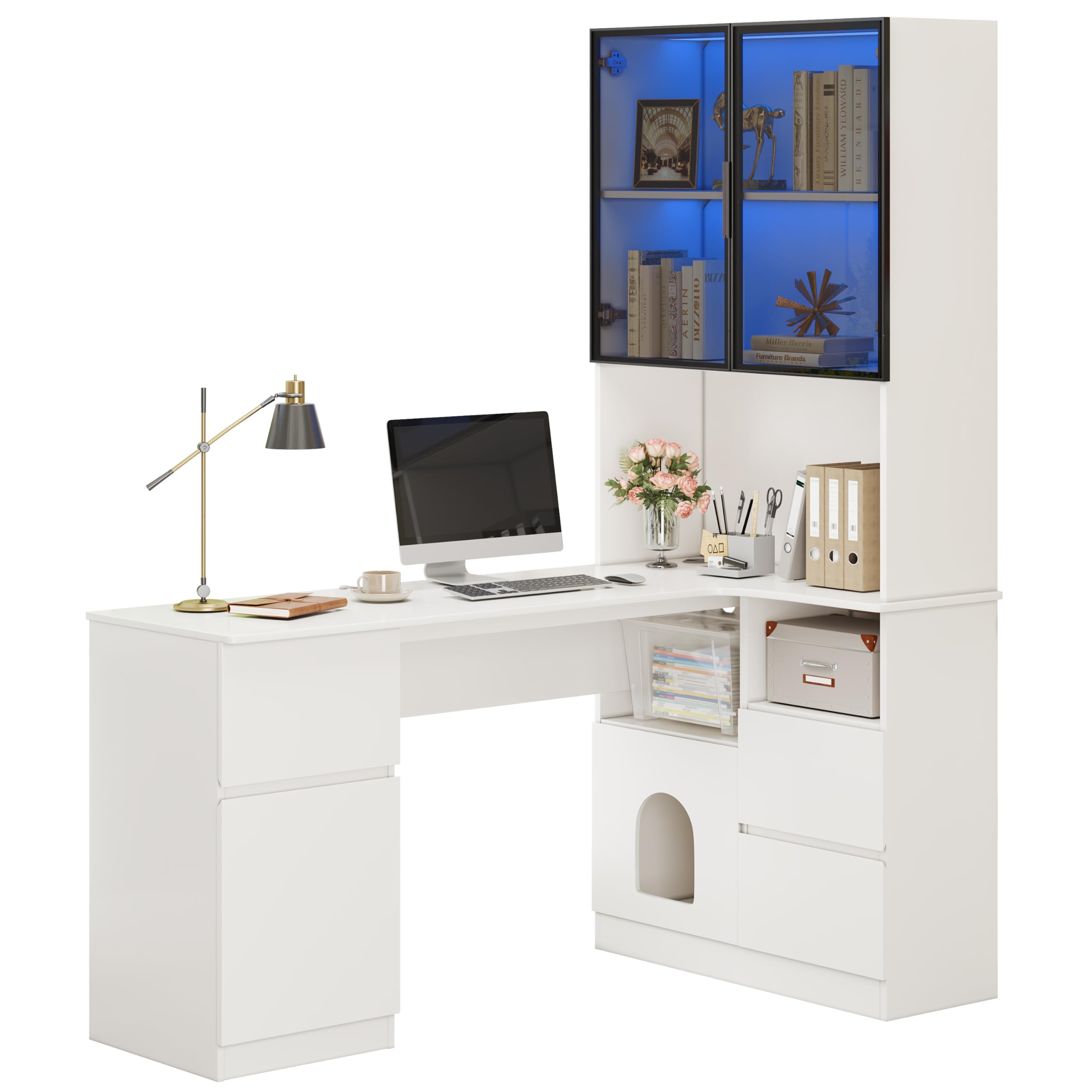 Kebnor Escritorio esquinero con estante y armario de vitrina LED 120 × 80 × 180 cm – Escritorio con pasacables, 3 cajones, 2 puertas, compartimentos abiertos, un escritorio de esquina con estantería
