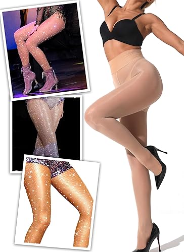 Vista 3 de VEBZIN 2 pares de medias transparentes para mujer, medias de red, conjuntos de medias brillantes, medias transparentes