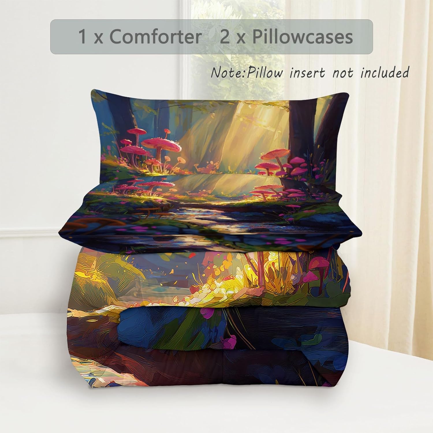 Bedding Set King Lightweight Soft 3 Piece Fantasy Forest Plants Flowers Comforter Set with 2 Pillow Covers, Quilt Breathable Multicolored Comforter (104" x 90") for Girls Boys Kids