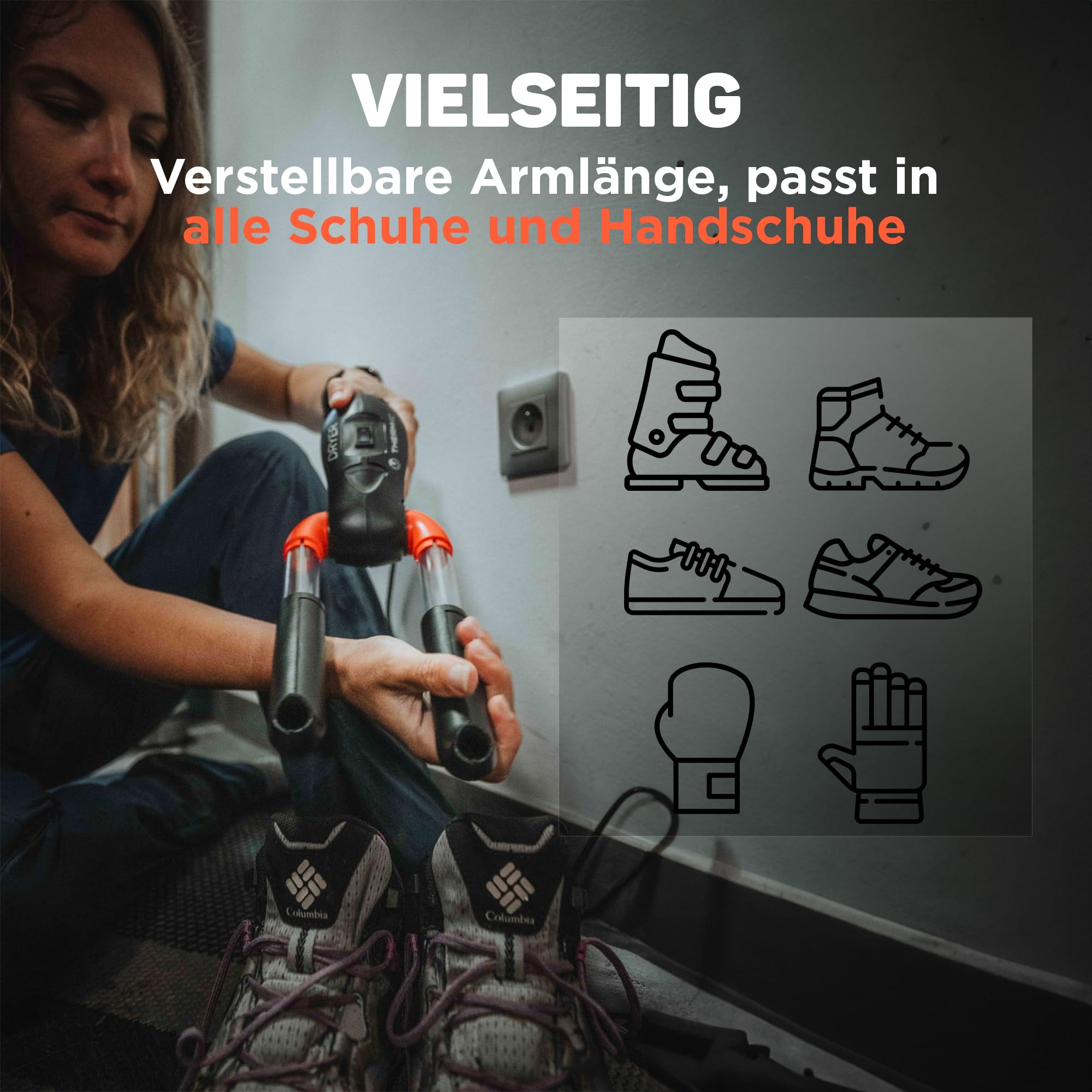 Schuhtrockner, Dryer, einfach zu bedienen, kompakt und leise, trocknet Schuhe und Handschuhe, verstellbare Schlauchlänge, passt in alle Schuh- und Handschuhgrößen