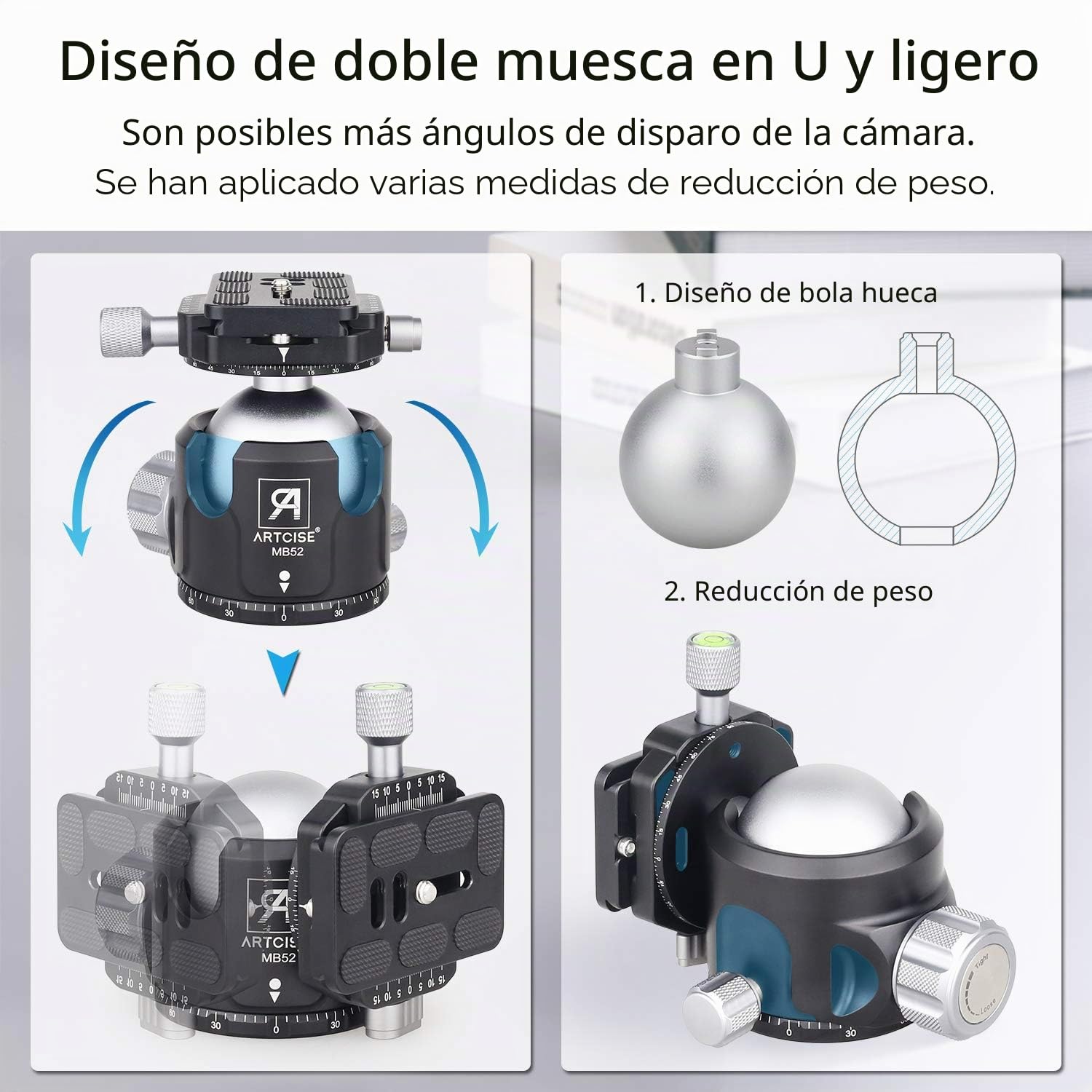 ARTCISE Cabeza de Bola de Alta Resistencia, Cabeza de trípode de Perfil bajo panorámico Dual de 52 mm y 2 Placas de liberación rápida de 1/4 de Pulgada para trípode Slider DSLR Carga máxima de 30 kg