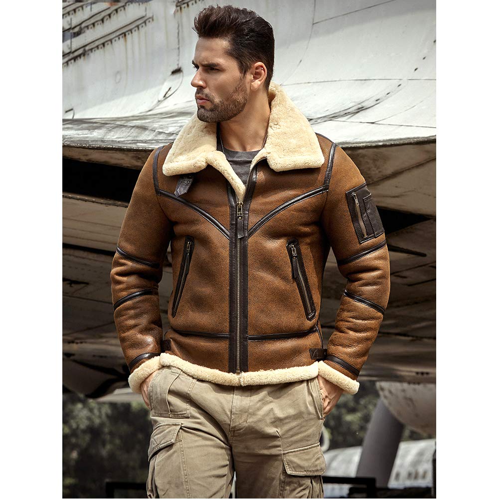 Denny&Dora Mens Shearling Jacket B3 Flight Jacket Sheepskin Aviator Winter Coat Fur Bomber Leather Jacket product thumbnail 5