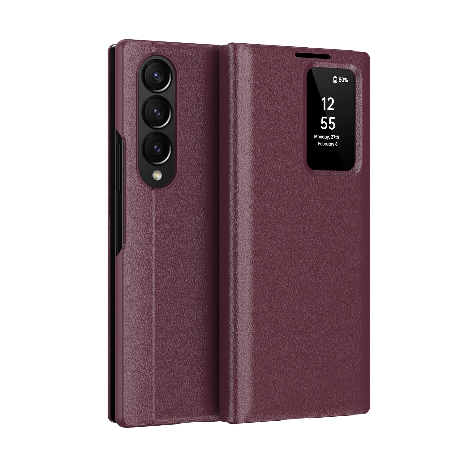 COQUE Etui do Galaxy Z Fold 3, inteligentny telefon z okienkiem i 1 miejscem na kartę, wykwintne skórzane etui ochronne, do Samsung Galaxy Z Fold 3 5G-czerwone