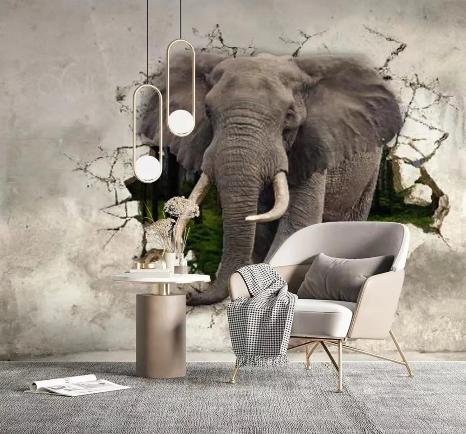 Tzxztt Vintage Broken Wall Elephant Green Forest Modern 3D Wallpaper Premium Textured Silk Neutral Tones Material Ideal for Living Room Bedroom-400cm×280cm
