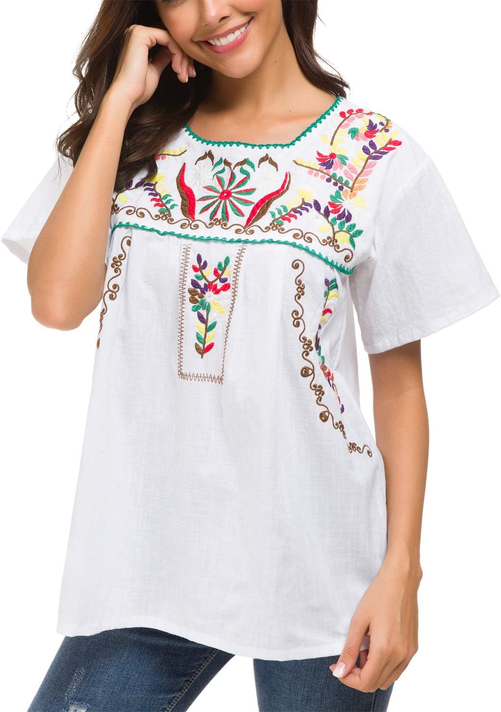 YZXDORWJ Women's Embroidered Mexican Peasant Blouse Mexico Summer Shirt Short Sleeve