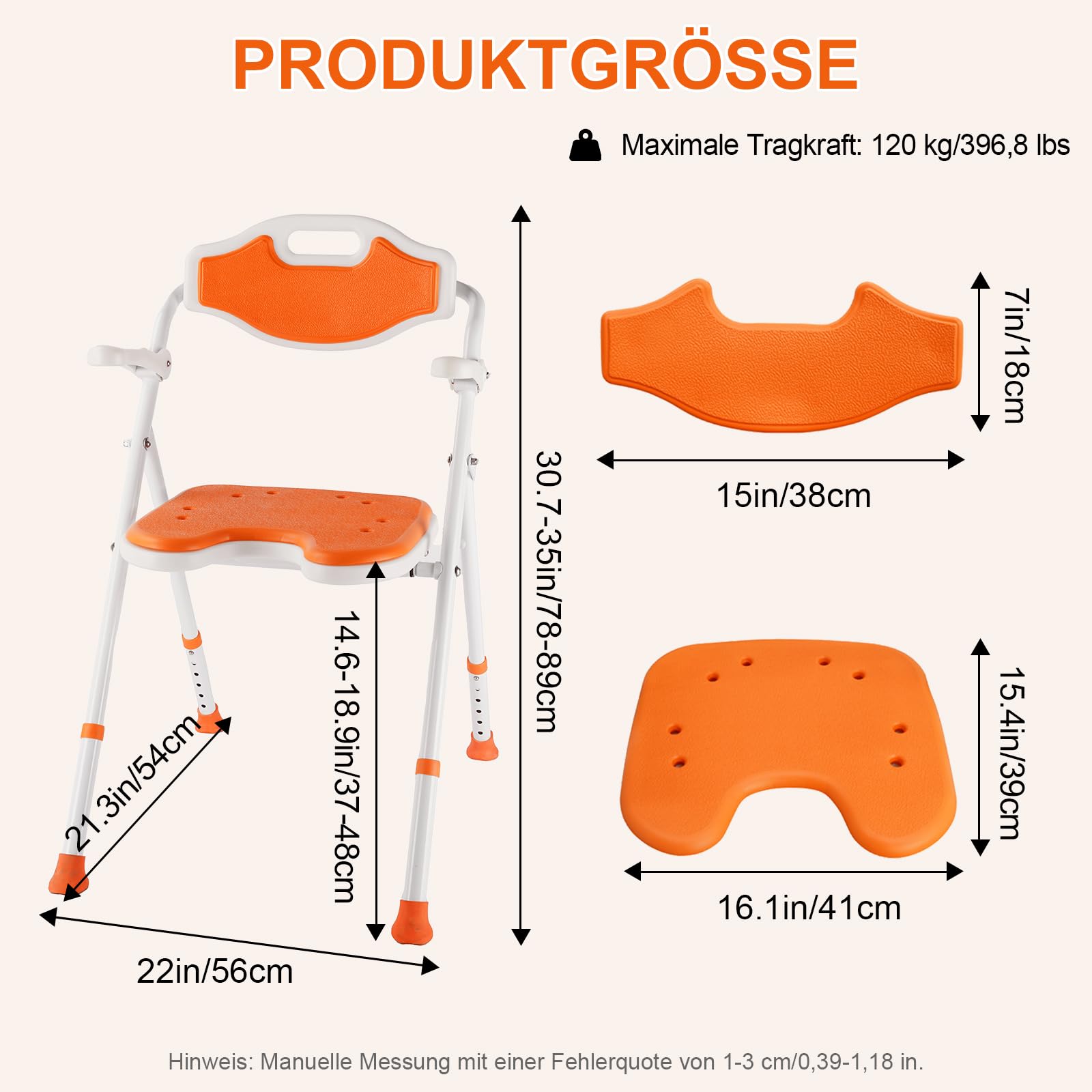 Duschstuhl für Senioren, Duschhocker Klappbar Höhenverstellbar, Anti-Rutsch Duschstuhl mit Hochklappbare Armlehnen, Rückenlehne für Dusche Schwangere, Tragfähigkeit 120kg
