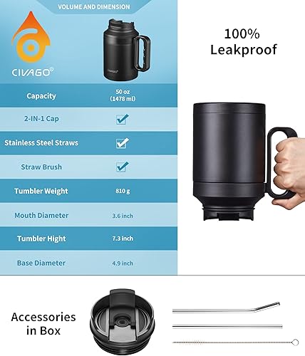 Miniatura 3 de CIVAGO Botella de agua aislada de 50 onzas con asa y popote, botella de agua deportiva de metal grande, taza de acero inoxidable con tapa, color