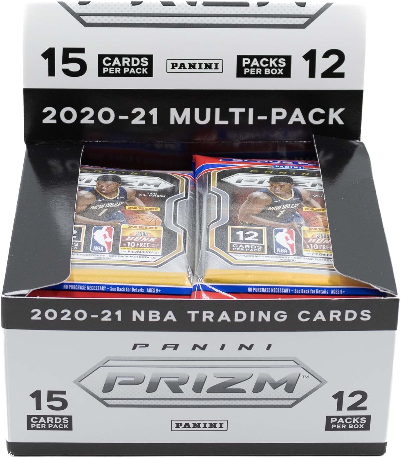 2020-21 Panini Prizm NBA Basketball Cello Box - 12 Packs of 15 Cards Each - 180 Cards - 3 Red, White, and Blue Prizms Per Pack