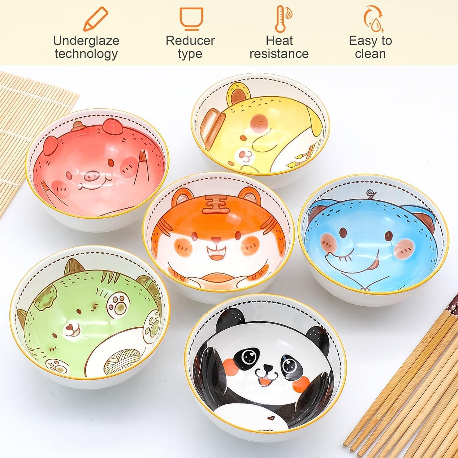 6 PCS Ceramic Rice Bowls, Cute Cartoon Small Dessert Bowl, Cereal Bowls Serving Bowl Gift Set, for Oatmeal, Ice Cream, Salads, Soups