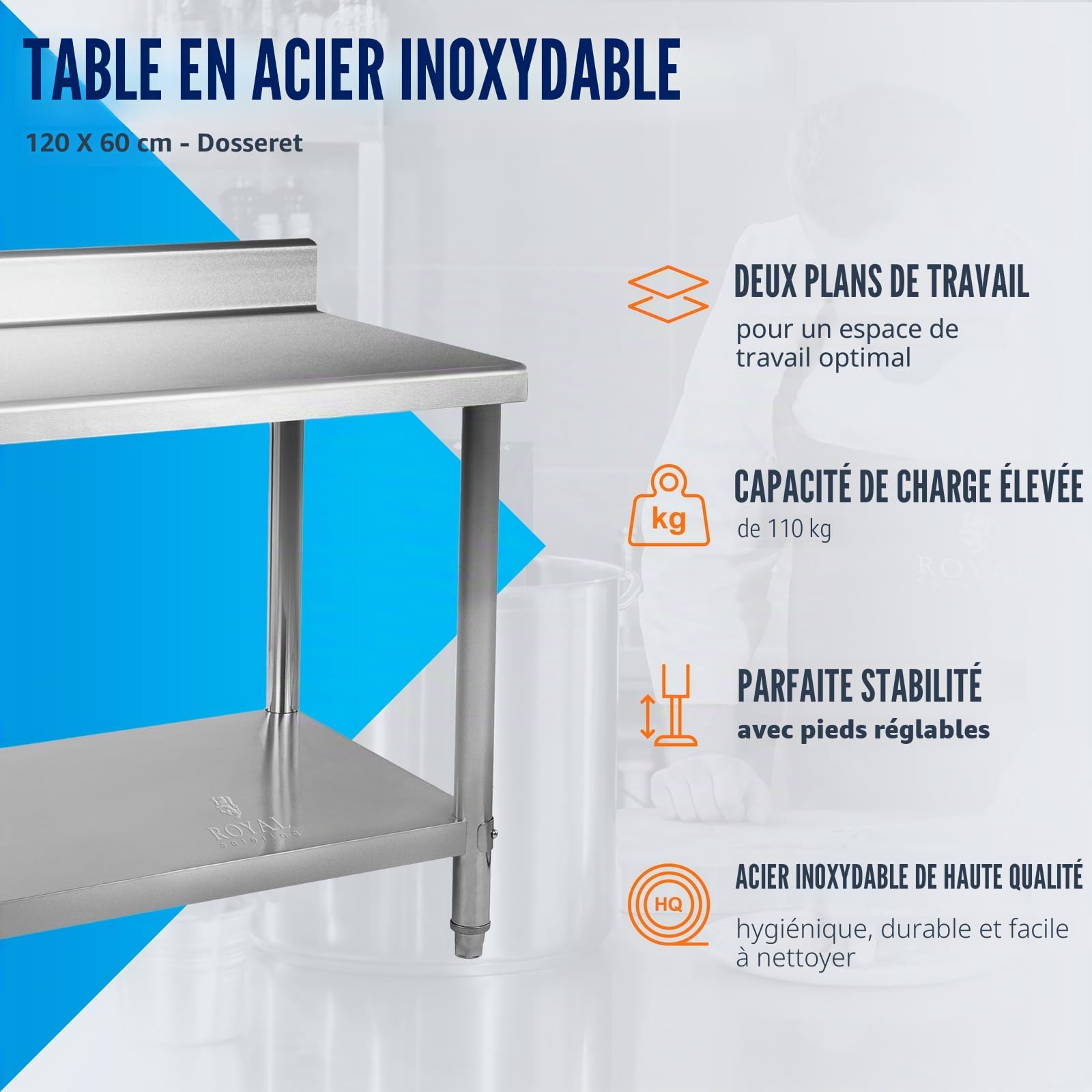 Royal Catering Table De Travail Adossée Cuisine Professionnel Préparation Confection Boucher Avec Tablette RCAT-120/60-N (120x60cm, Capacité 250 kg, Plan 150 kg + Étagère 100 kg, Dosseret 11 cm, Inox)