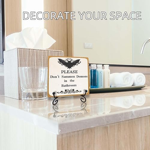 Vista 4 de Letrero gótico de madera para decoración de baño, con texto en inglés Please Do Not Summon Demons in the Bath, regalos divertidos para la oficina