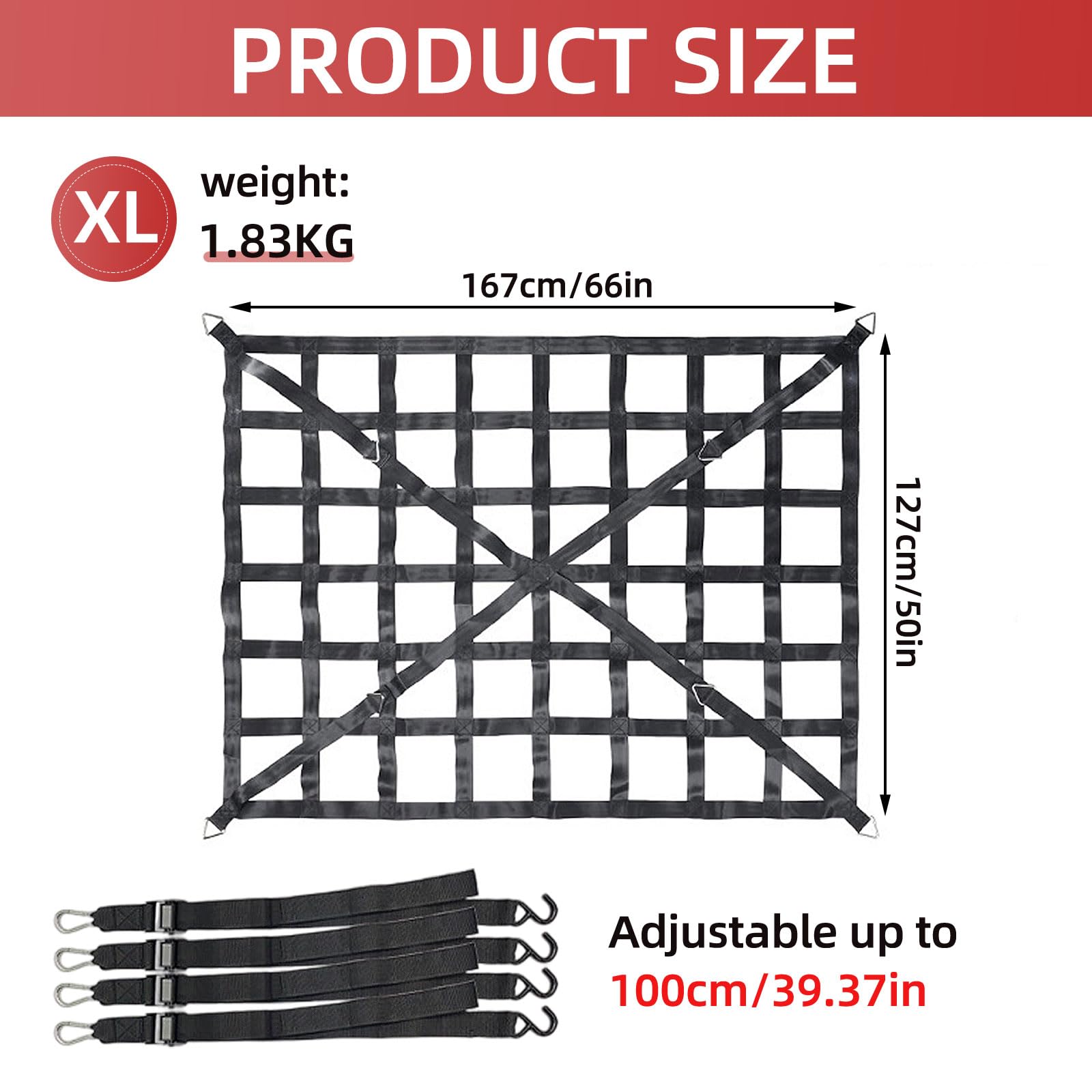 Gepäcknetz für LKW Pickup 167 * 127cm Ladeflächenetz Schwerlast Auto Anhängernetz, Heber Netz, Nylongurtband Heckklappennetz für Ladeboden Ladungssicherung mit verstellbaren Schnallengurten