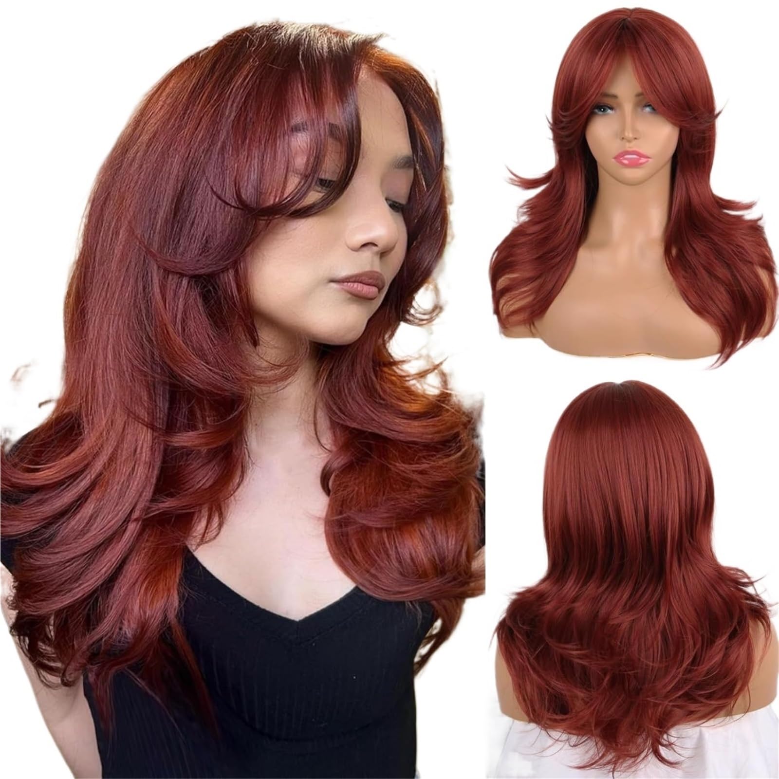 Libangrong-888 Red Wigs Eight Character Bangs, Medium Long Hair, Natural Laye Wig Natural Wig(Red)