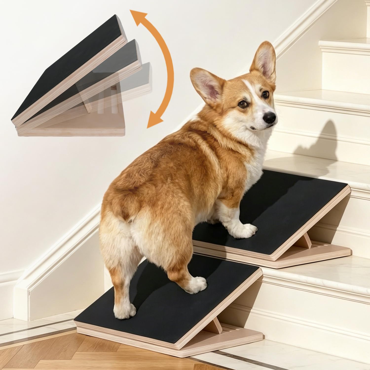 Photo 1 of 2-Pack Wood Dog Ramp for Stairs with Anti-Slip Rubber Mat, Adjustable Height Wooden Stair Wedges for Puppies Going Up and Down Stairs, Elderly Dog Stair Assist, Dog Door Ramp