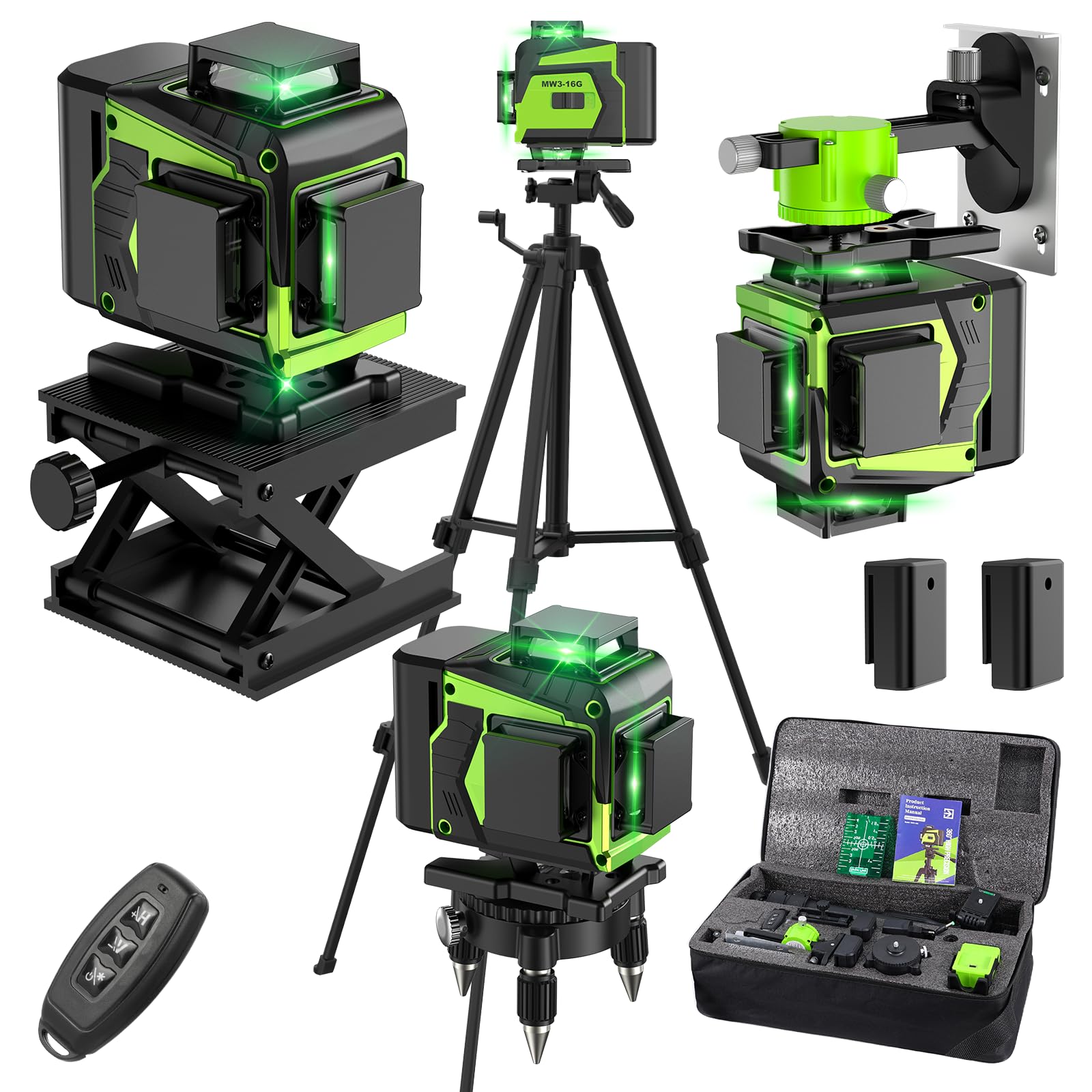 Niveau Laser 4 X 360° 4D 16 Lignes Auto-Nivelant, Laser Chantier Avec 2 X 3000mah Batterie Affichage Led Etanche Et Anti Poussiere Avec Telecommande Et Trepied Reglable En Hauteur 88445276