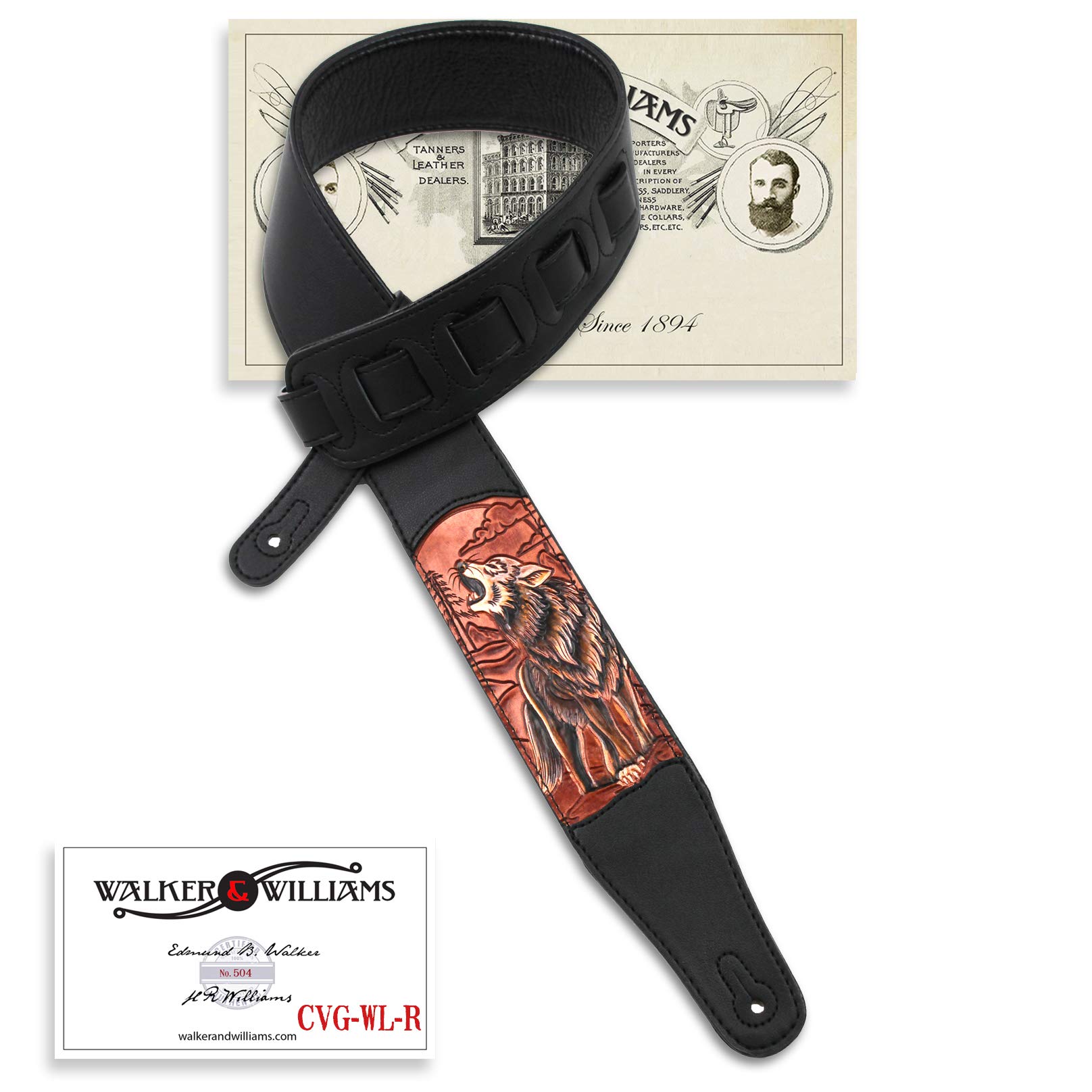 Walker & WilliamsCVG-WL-R Hand Carved Brick Red & Brown Howling Timber Wolf On Black Leather Guitar Strap For Acoustic, Electric, And Bass Guitars