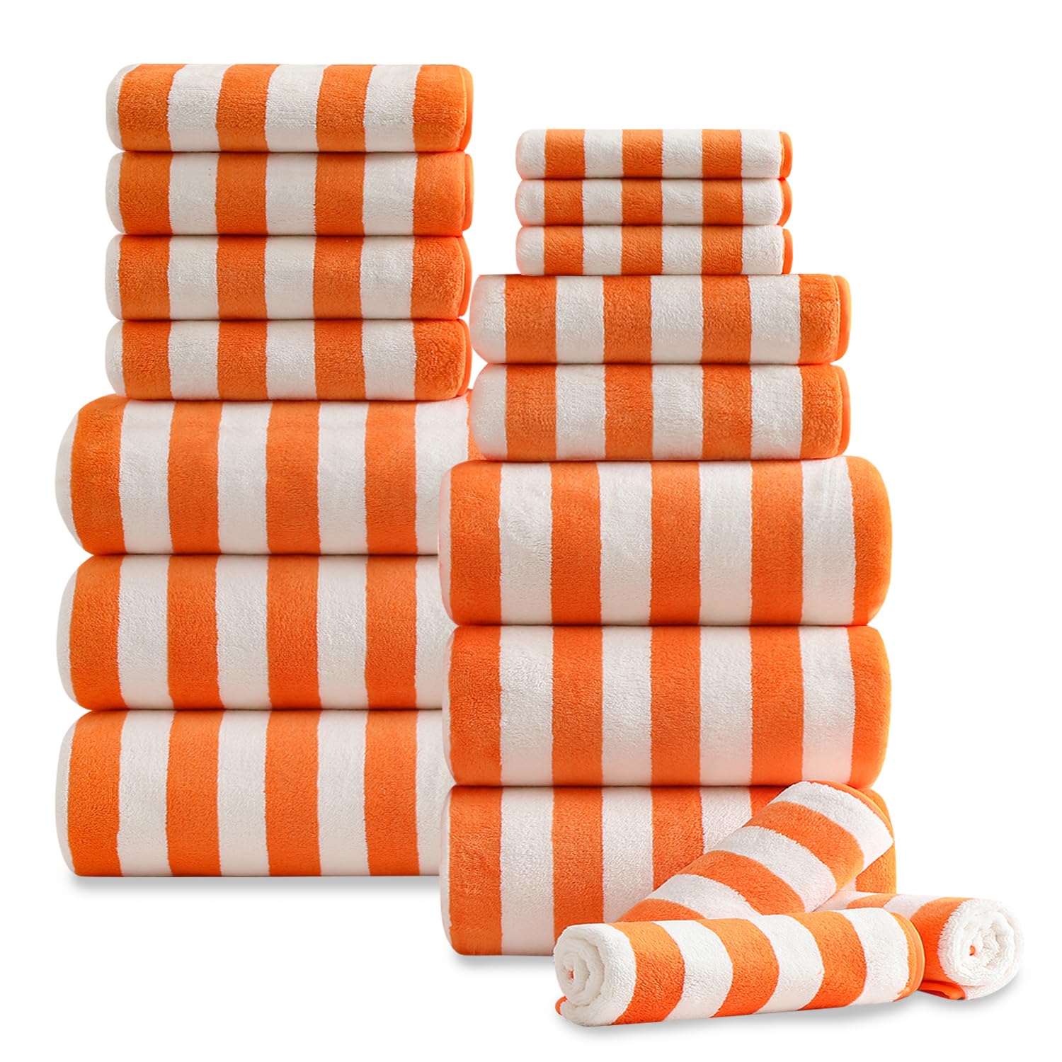 18 Pcs Orange Cabana Stripe Family Towels Set with Hanging Loop-6 Bath Sheets,6 Hand Towels,6 Washcloths Ultra Soft Bathroom Towel Highly Absorbent Quick Dry Shower Towel for Beach Chair,Spa,Gym,Hotel