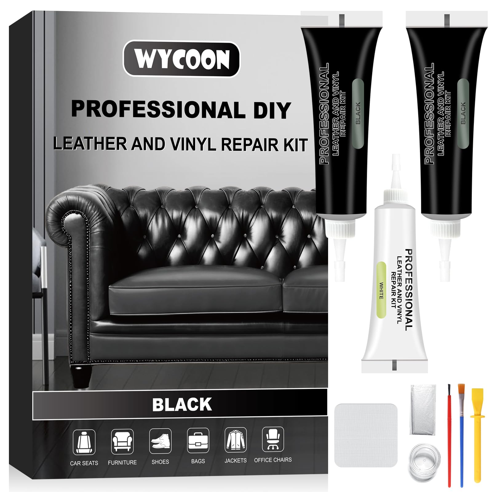WYCOON Black Leather & Vinyl Repair Kit, Fix Fading, Tears, Scratches, and Peeling on Leather and Vinyl Furniture, Car Seats, and Jackets, Easy Instruction with Color Mixing Guide