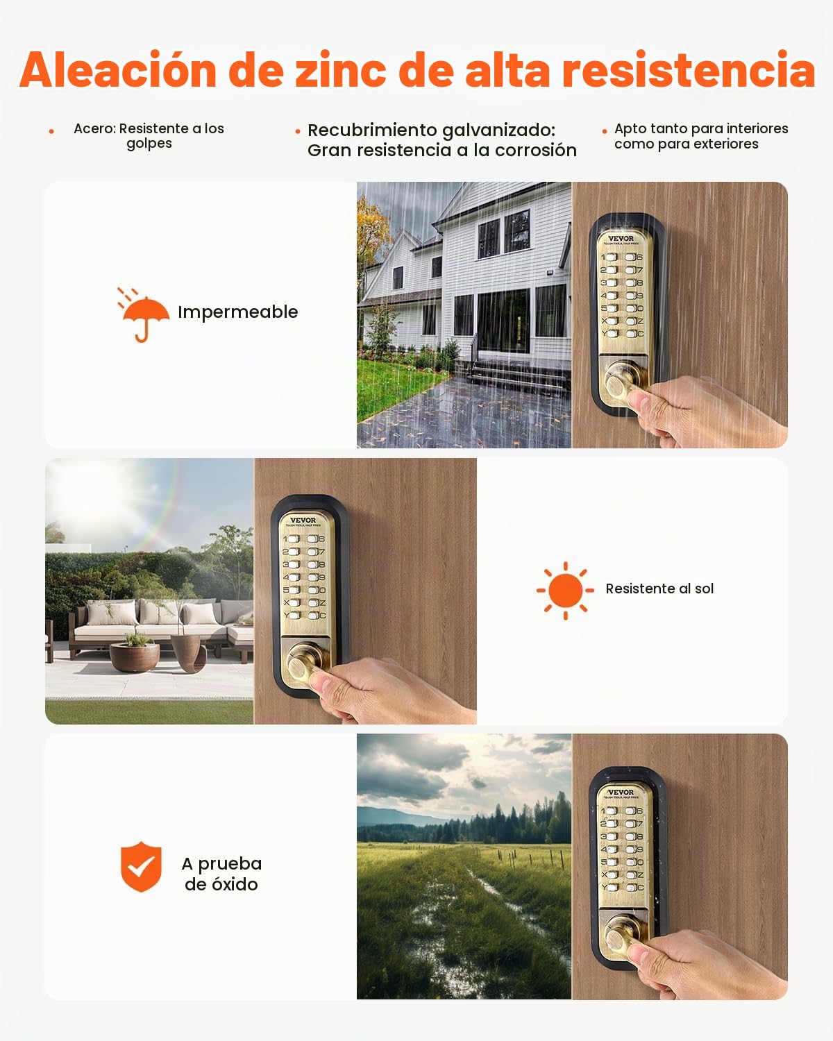 VEVOR Cerradura de Combinación Mecánica con Teclado de Doble Cara 14 Teclas, Cerradura de Puerta sin Llave con Manija, Bloqueo de Código para Puertas de 35 a 65 mm de Grosor para Oficina, Patio