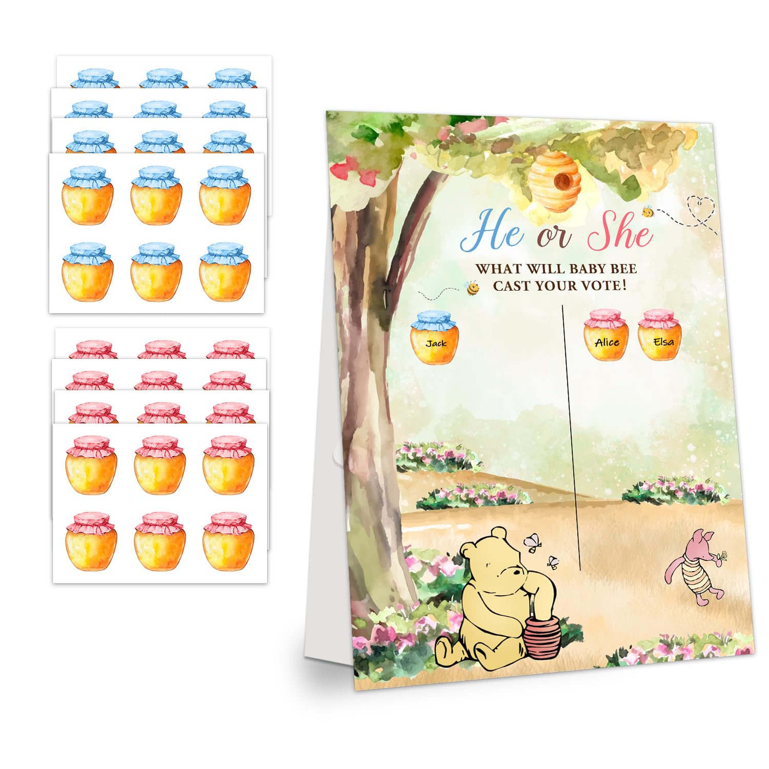 Gender Reveal Winnie the Pooh Party Games, Winnie the Pooh Theme Baby Gender Reveal Voting Board Sign, 48 Boy Girl Voting Stickers, He or She, Baby