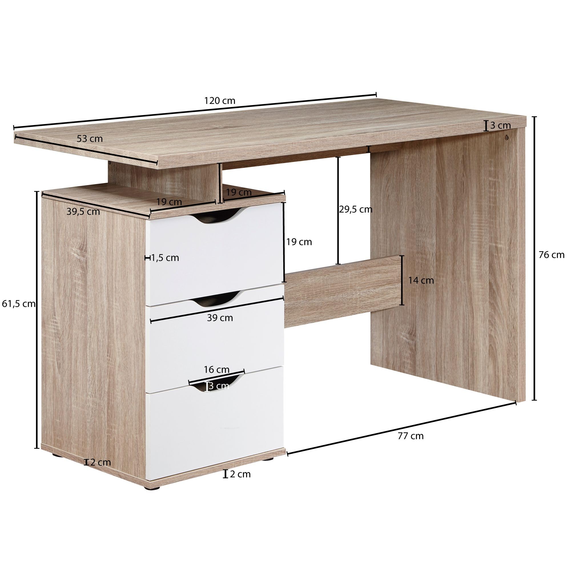 FineBuy Bureau MASSA 120x53x76 cm Sonoma Blanc, 3 Tiroirs | table d'ordinateur pour ados, table pour ordinateur portable gain de place poignées encastrées