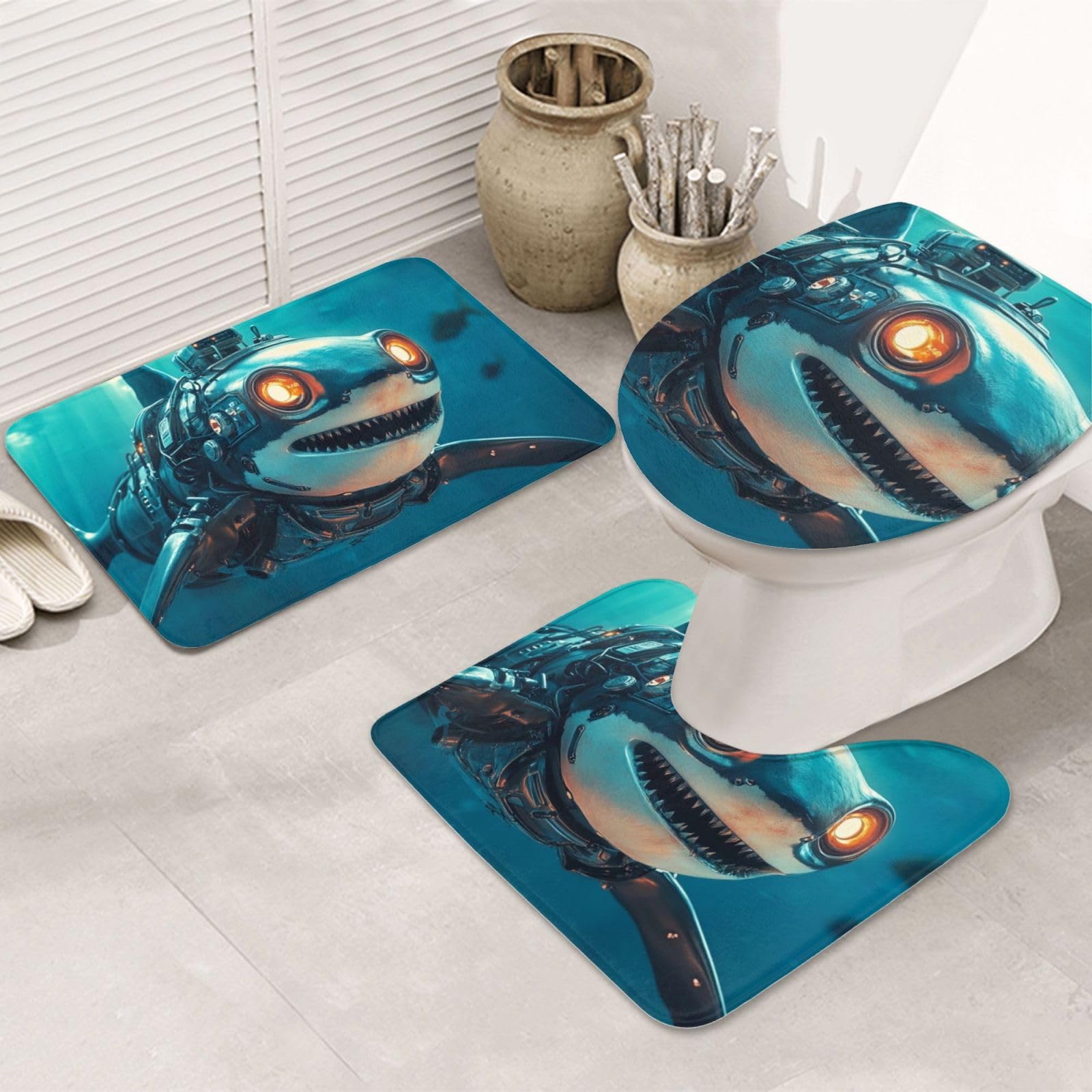 Badteppich-Set, mechanisch, Meeresboden, Hai, weich, saugfähig, Memory-Schaum, U-förmiger Kontur-WC-Teppich, Heimdekoration, schnell trocknend, 3-teilig