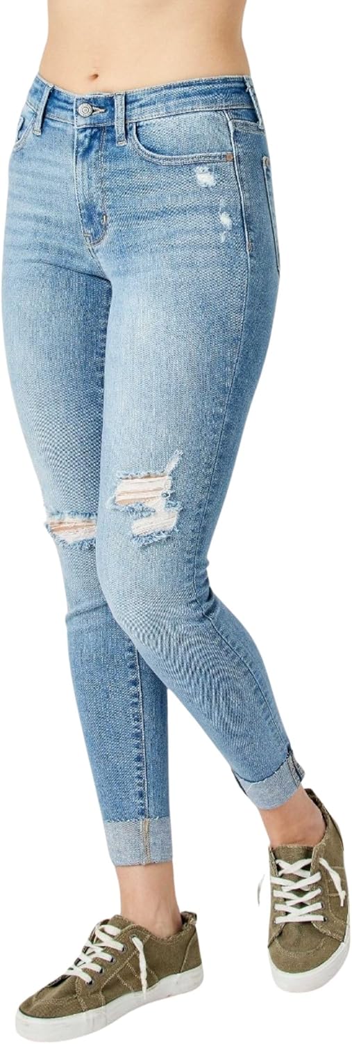 Judy Blue Women's Mid Rise Destroyed & Cuff Skinny Jeans