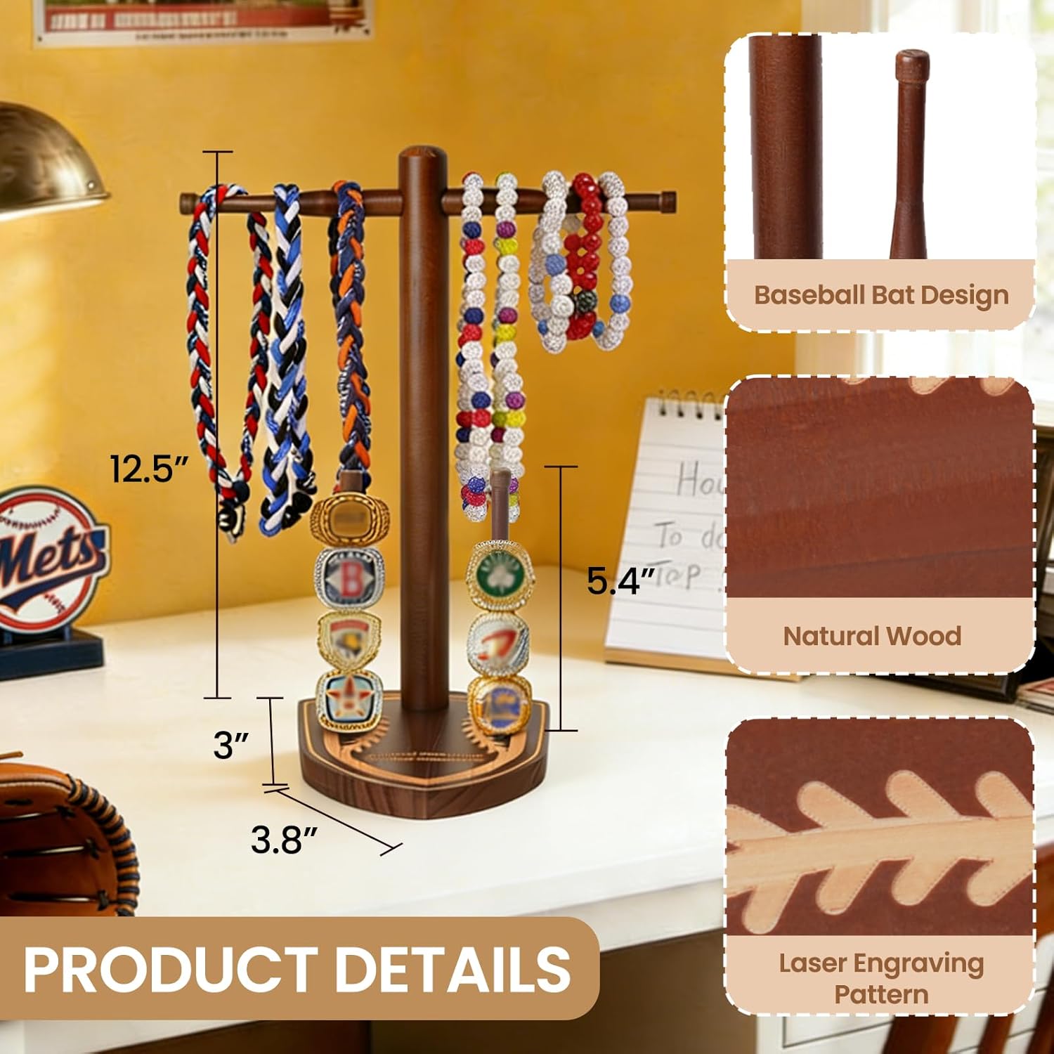 Wooden Baseball or Softball Drip Necklace Organizer Holder - Baseball Championship Ring Display Holder, Drip Necklace & Championship Ring Holder, Baseball Gifts - Image 5