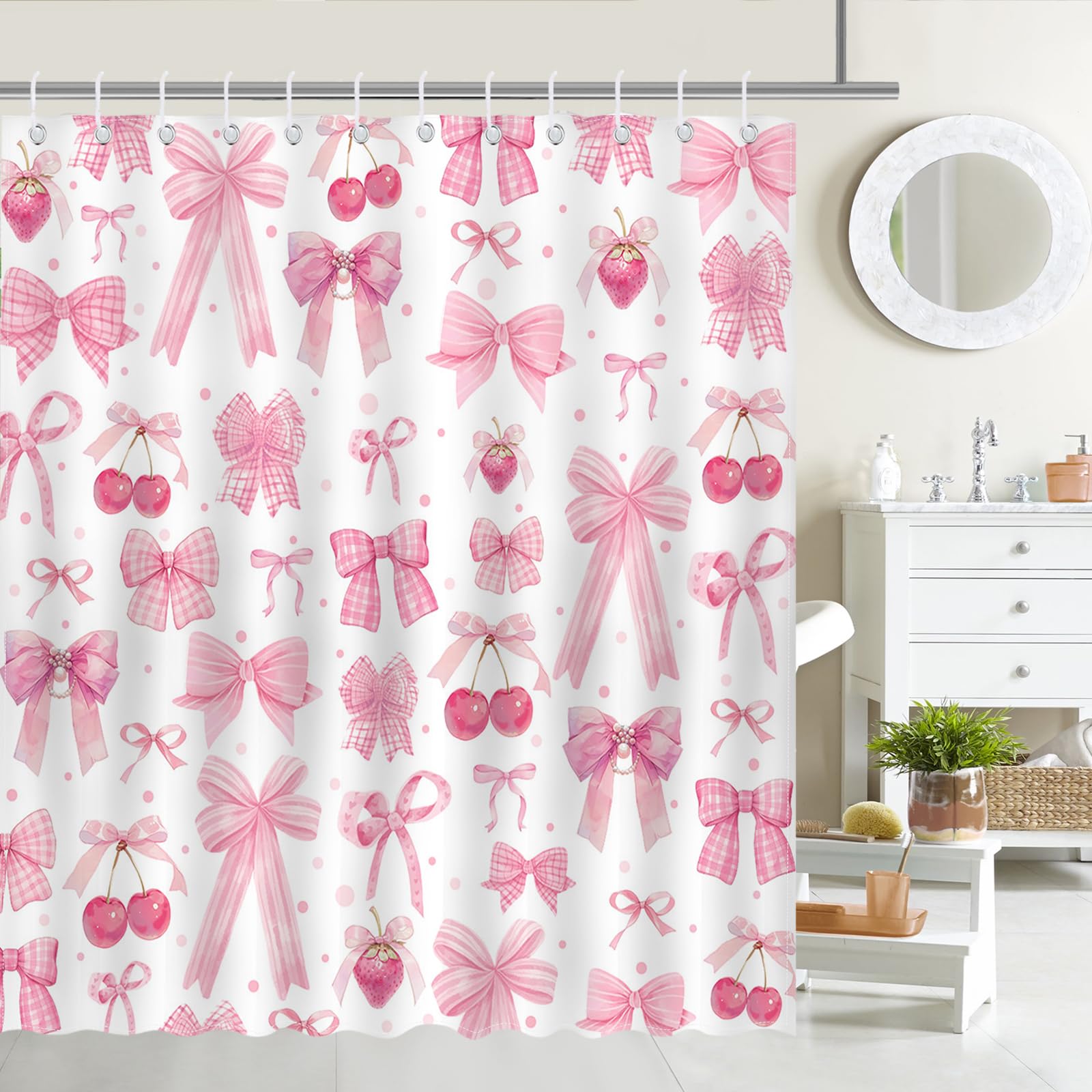 Mocsicka Pink Bow Shower Curtain Pink Bow Cherry Strawberry