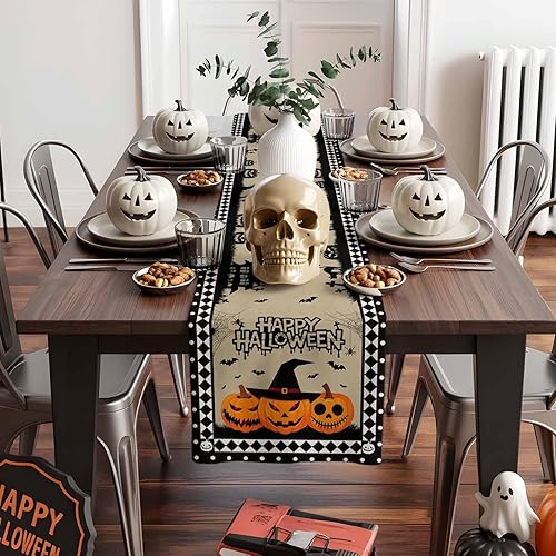 Vista 8 de Camino de mesa de Halloween, 36 pulgadas de largo, casa encantada, camino de mesa de calabaza, camino de mesa de cocina, comedor, tocador, bufandas
