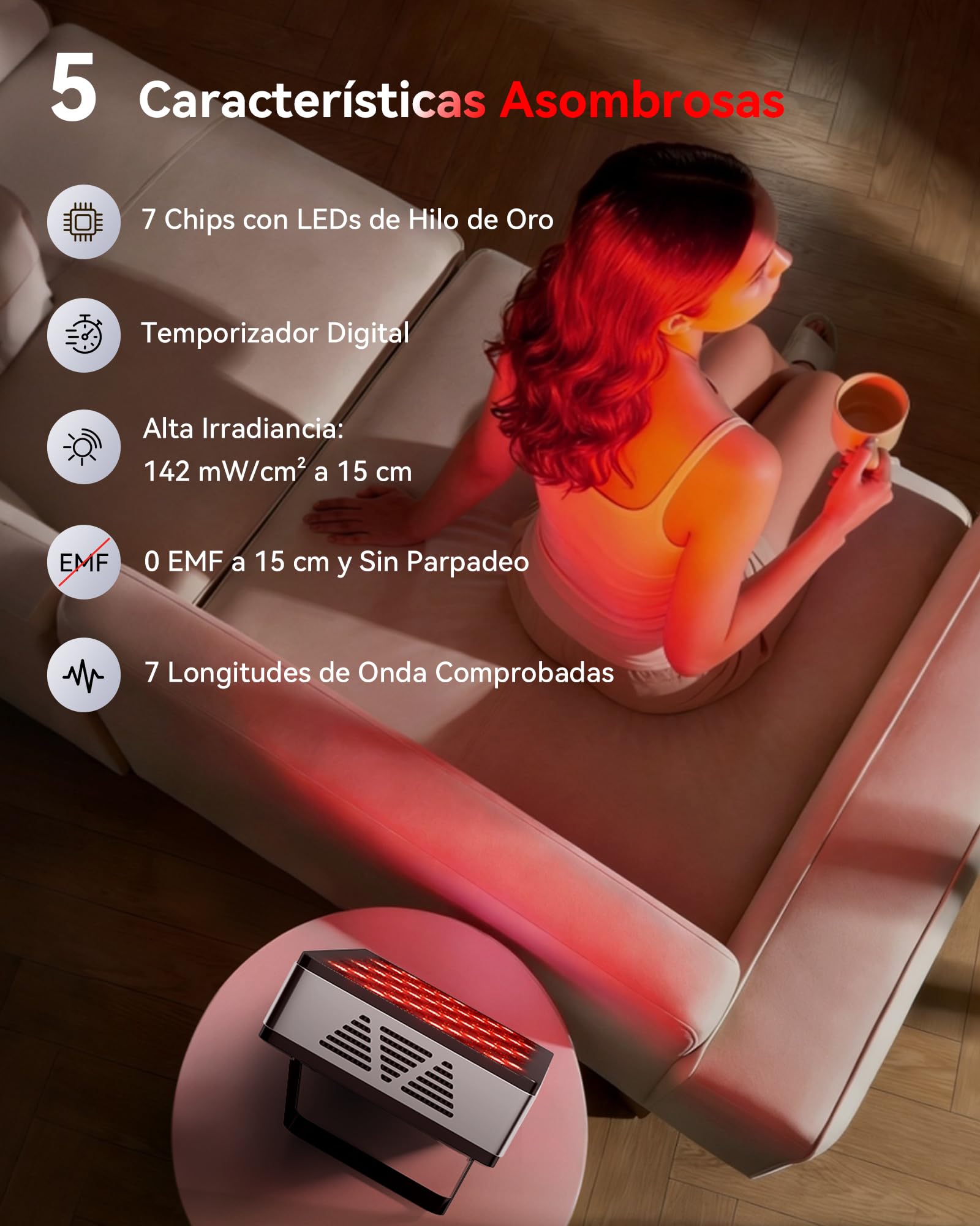 FliKEZE Panel de Luz Roja (Equipamiento Superior), 7 Longitudes de Onda Incluyendo Luz Azul, Luz Roja y Luz Infrarroja Cercana, para Tratar Tejidos Profundos y Superficiales de Manera Dirigida