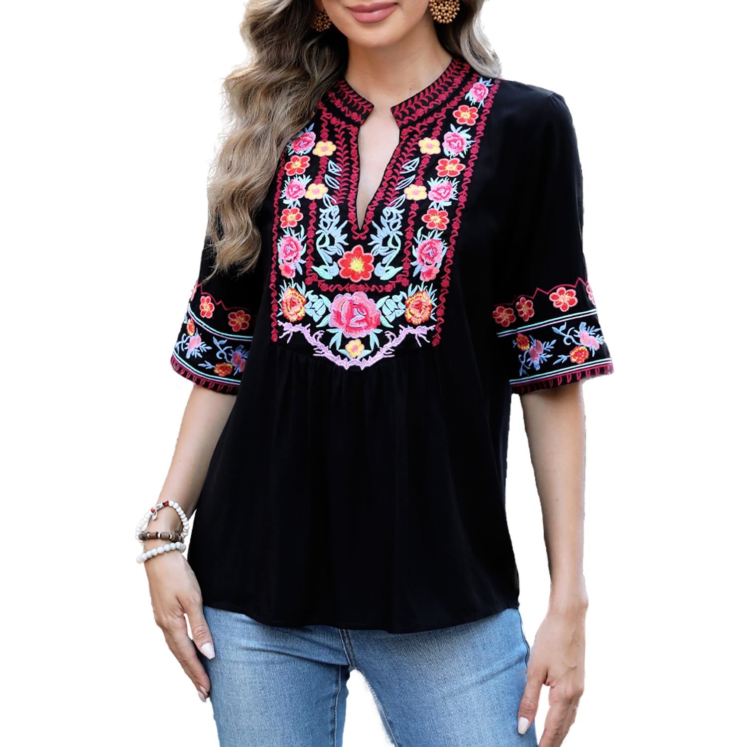 Seasonal Ukraine Bluse Sommer Damen Tunika Bohemian Stickerei Folklore Tops Boho Hippie Kurzarm Lose Oberteil