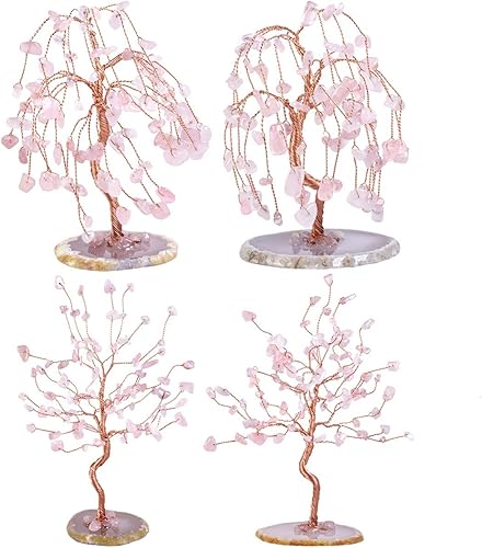 Miniatura 5 de SUNYIK Juego de árbol de dinero de cristal de cuarzo rosa hecho a mano sobre base de rodajas de ágata natural, árbol de la vida, cristales curativos