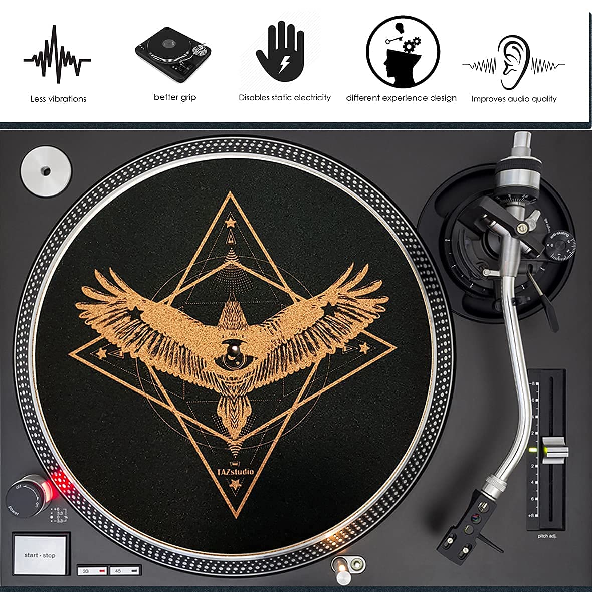 TazStudio Alfombrilla antideslizante de alta calidad, alfombrilla giratoria de corcho [4 mm de grosor] para un mejor soporte de sonido en tocadiscos de vinilo LP - Alfombrilla de corcho con diseño