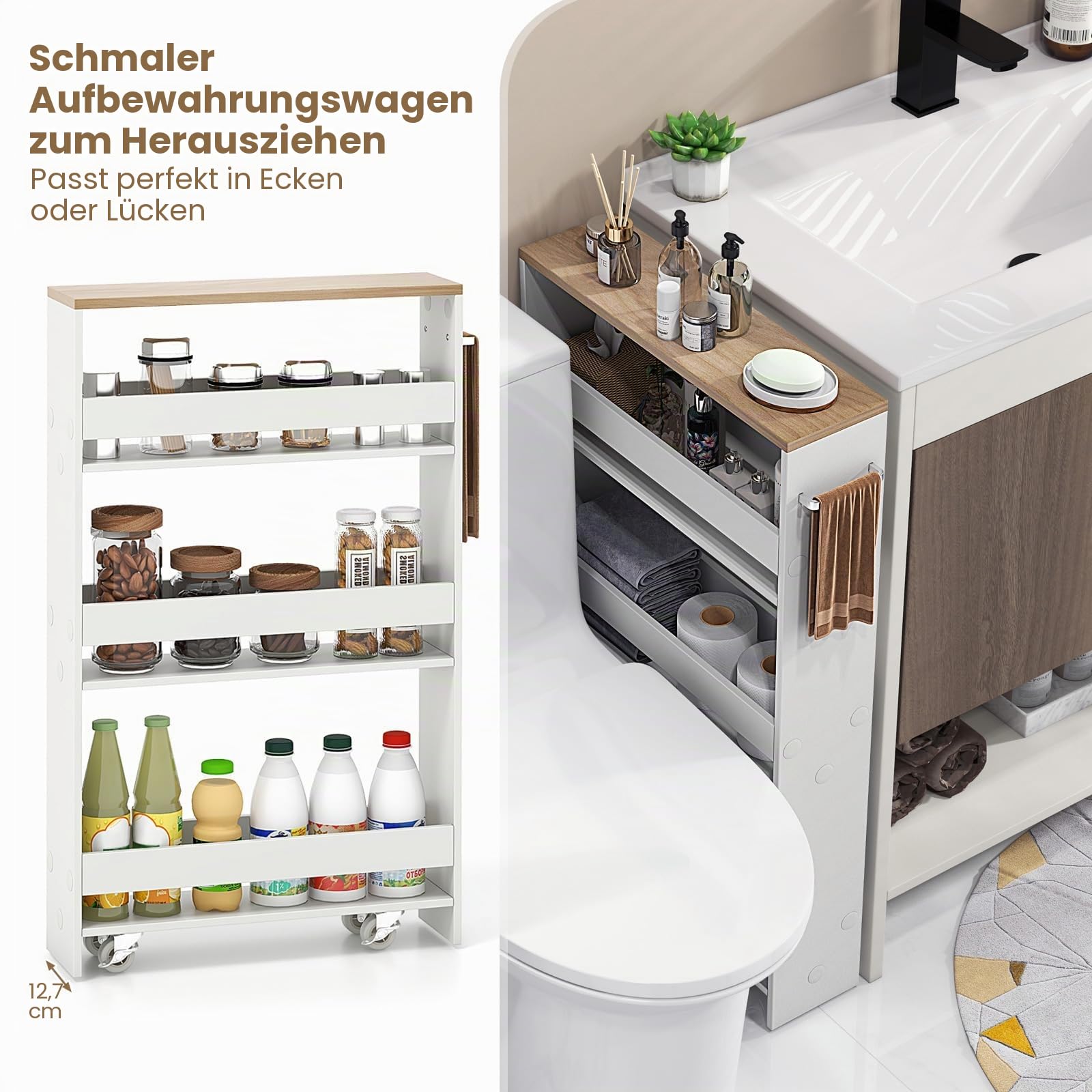 FANTASK Nischenwagen 13cm breit, Küchenregal auf Rollen mit Griff & Geländern, 4 Etagen Nischenwagen, Badregal platzsparend für Küche, Badezimmer, 47,5x13x80,5cm (Weiß+Natur)
