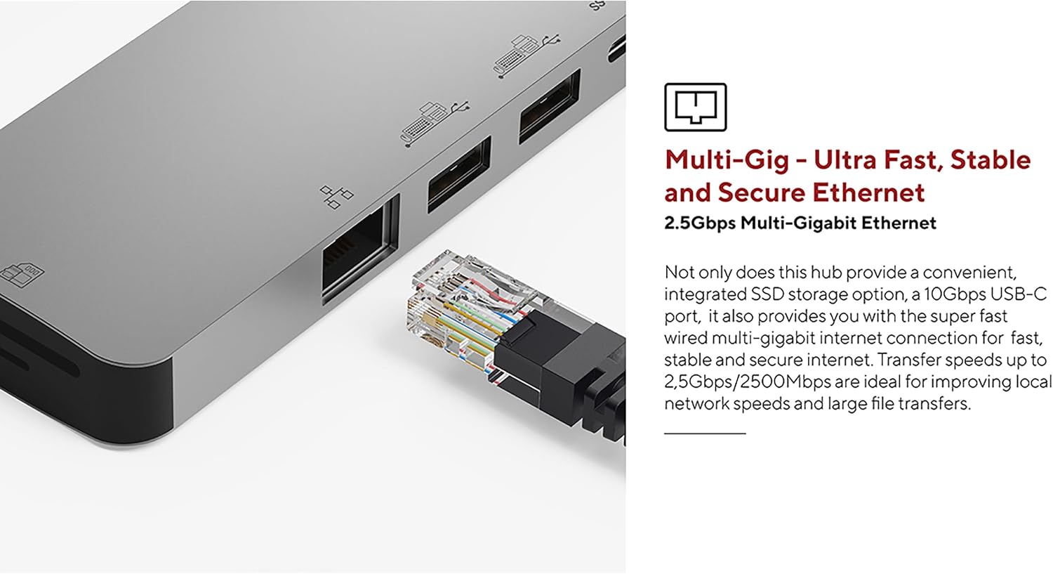 Iš arti view of the 2.5Gbps Ethernet port on the LINQ docking station with an Ethernet cable connected.
