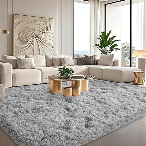 Grey Rugs for Bedroom 8x10 Feet Large - Ultra Soft Faux Fur Area Rug - Plush Non-Slip Shaggy Carpet for Living Room, Cozy Fluffy Rug for Kids Boys Girls Dorm Nursery Room, High Pile Floor Carpet