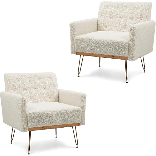Olela Accent Chair Set of 2,Teddy Armchair Single Sofa Modern Tufted Upholstered Side Reading Chairs with Arm and Gold Metal Leg for Living Room Bedroom Club (2, White(Teddy Fabric))