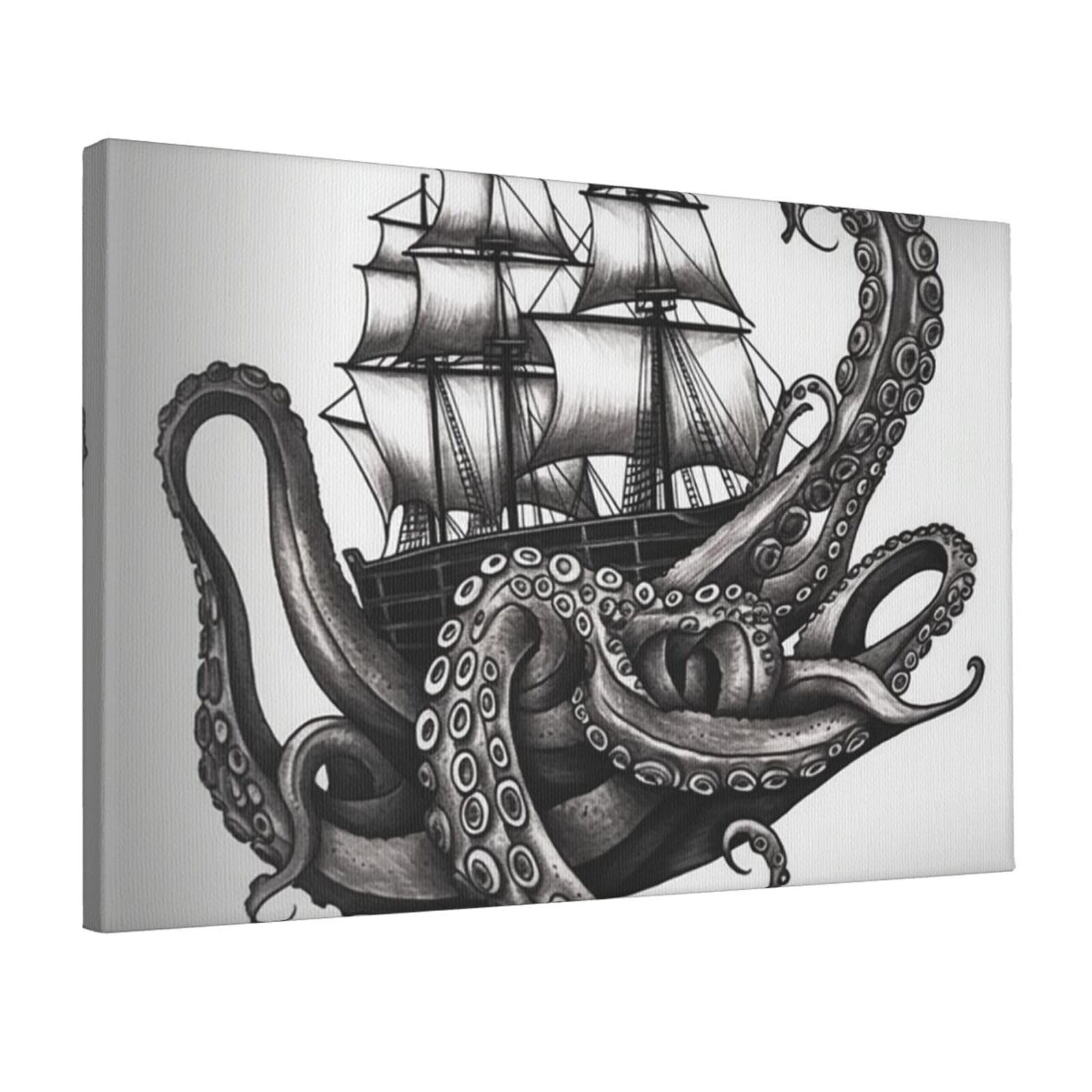 KLOPH Black and White Octopus and Ship Canvas Wall Art for Living Room 12"x18" Modern Artwork Painting for Bathroom Hanging Canvas Prints Aesthetic Wallart for Bedroom Kitchen Office Wall Decor