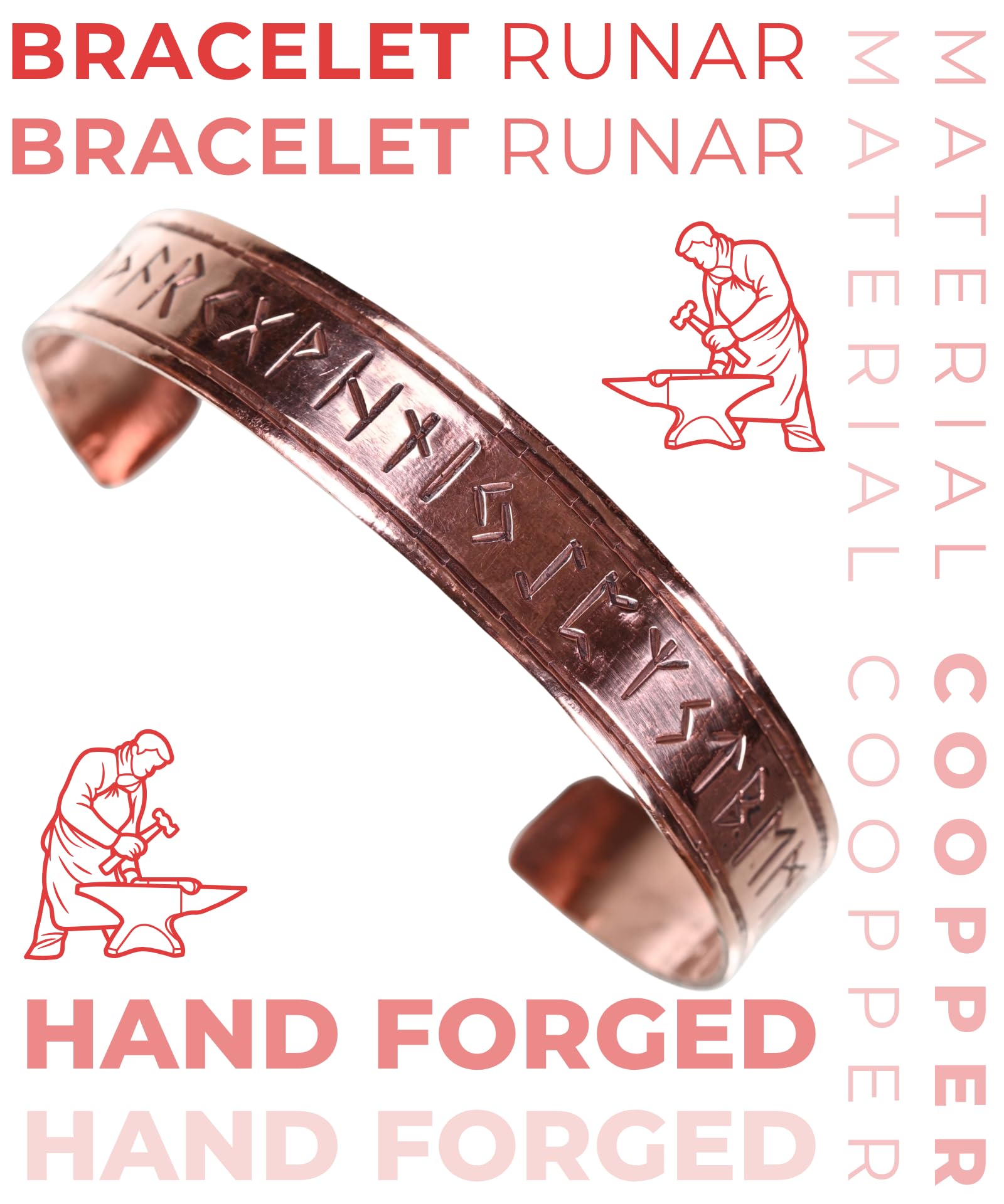 Bracciale vichingo con antico alfabeto rune Futhark, fatto a mano, in rame, modello: Runar