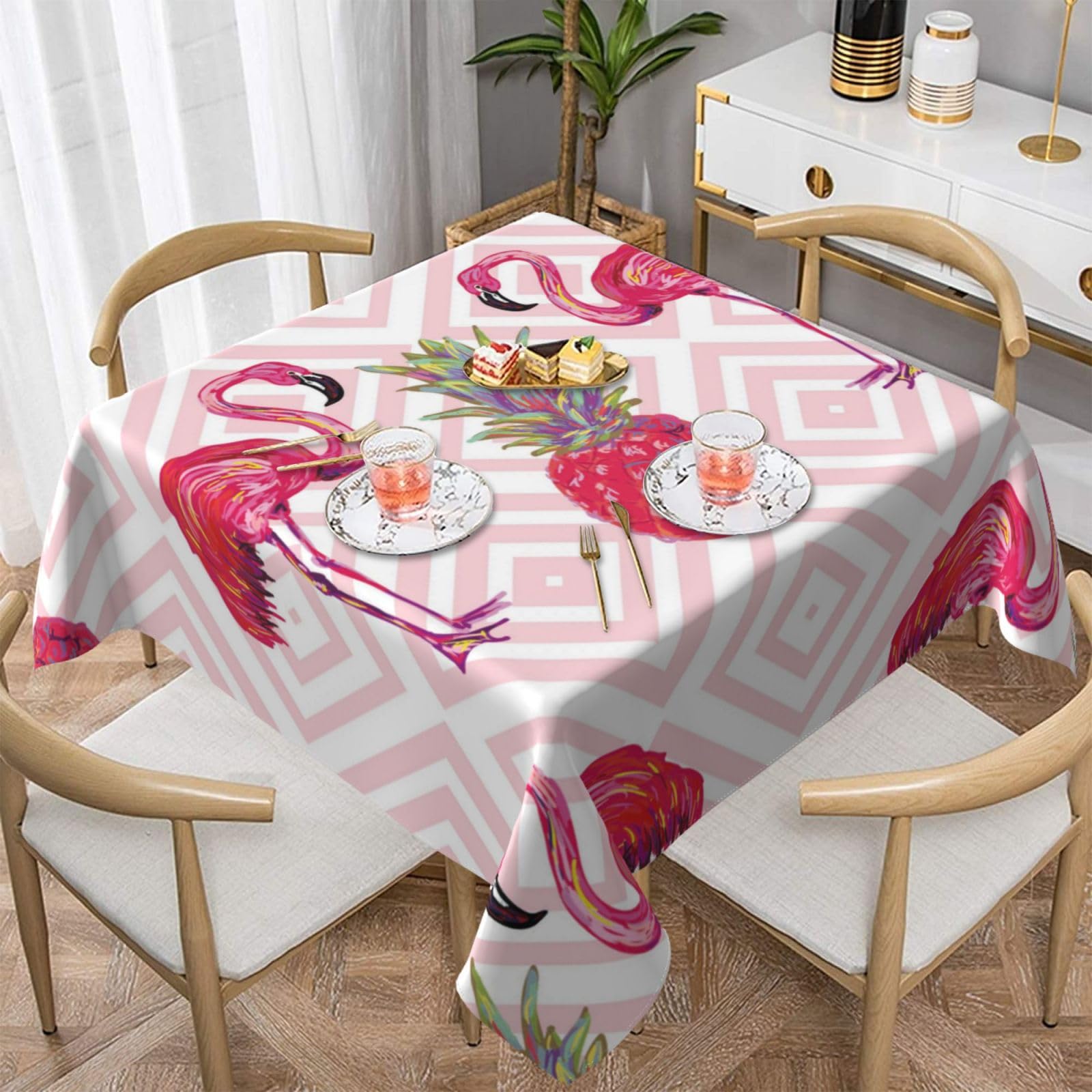 DCEHGEW Pink Flamingo Pineapple Prints Square Tablecloth 152x152 CM, Waterproof Fabric Table Cloth for Dining Table, Farmhouse Table Cover for Kitchen Dining Tabletop Decoration