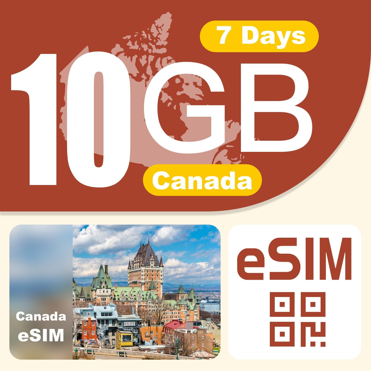 Canada eSIM Prepaid Data 4G LTE High-Speed Network Hotspot Supported (7Days 10GB)
