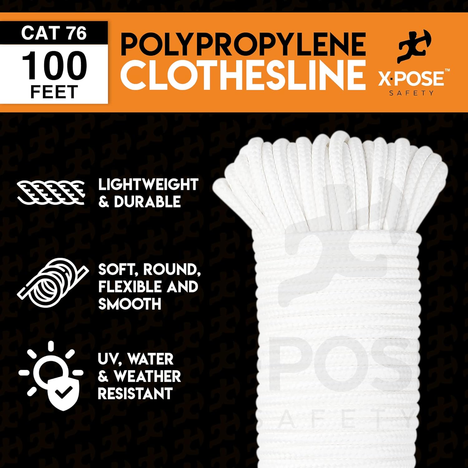 Diamond Braided Clothesline Rope – 8/32" x 100 ft – Durable Polypropylene, Heavy-Duty Poly Braided Cord for Clothesline, Camping, Tent, Flagpole, Arborist, Hoist, Pulley – White (6 Pack)