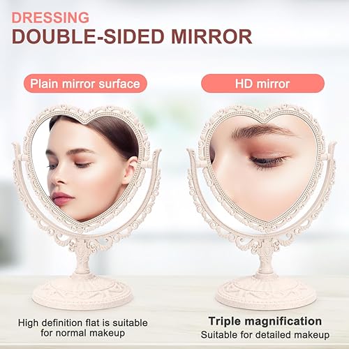 Miniatura 4 de Espejo de mesa giratorio vintage, espejo de maquillaje de mesa independiente, espejo de maquillaje de doble cara de 360° para niñas, mujeres, baño,